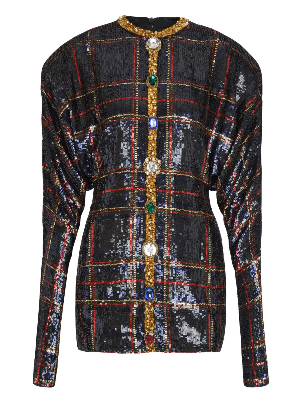 Balmain Sequin Embellished Plaid Dress — Black — Size XS — Front View