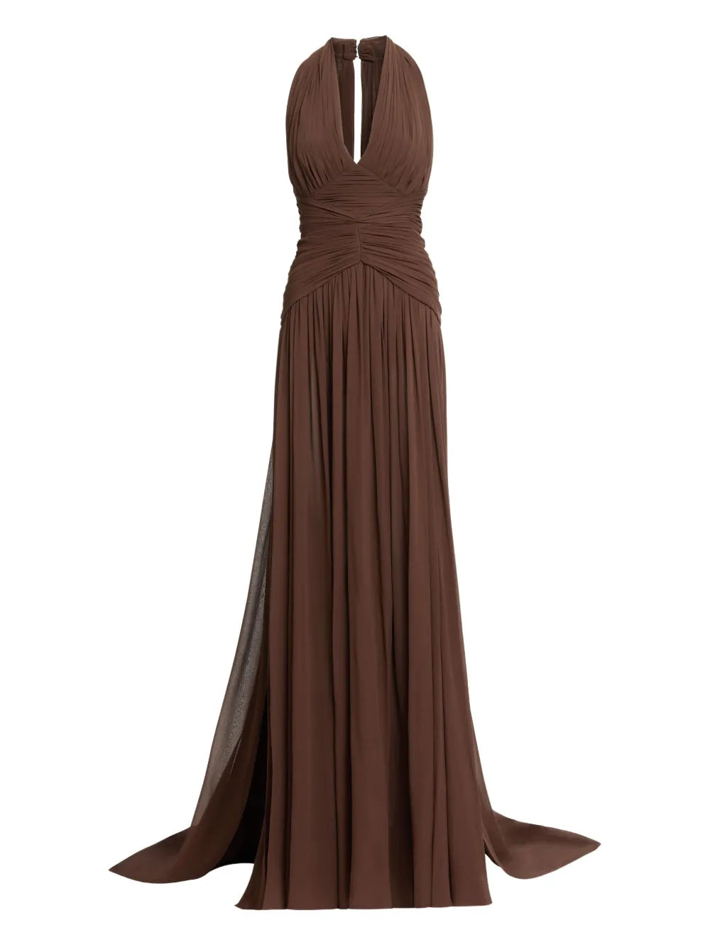 Elie Saab Halterneck Ruched Maxi Dress — Brown — Size M — Front View