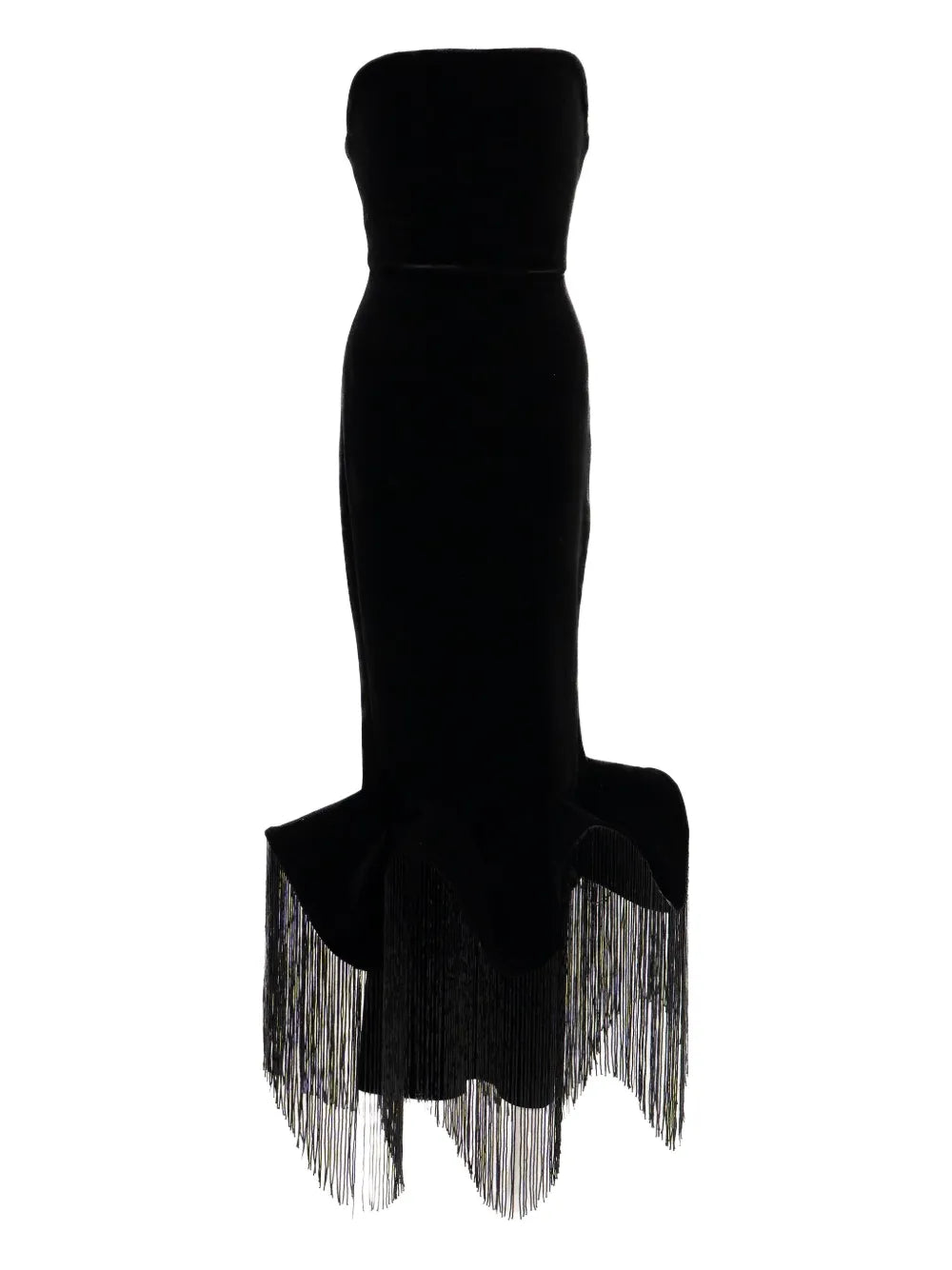 Ana Radu Fringed Hem Strapless Midi Dress — Black — Size S — Front View