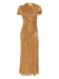 Self Portrait Rhinestoned Embellished Midi Dress — Gold — Size XS — Front View