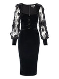 Nissa Flower Embellished Button Midi Dress — Black/ Red — Size S — Front View