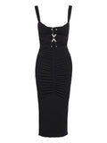 Nissa Embellished Ruched Midi Dress — Black — Size S — Front View