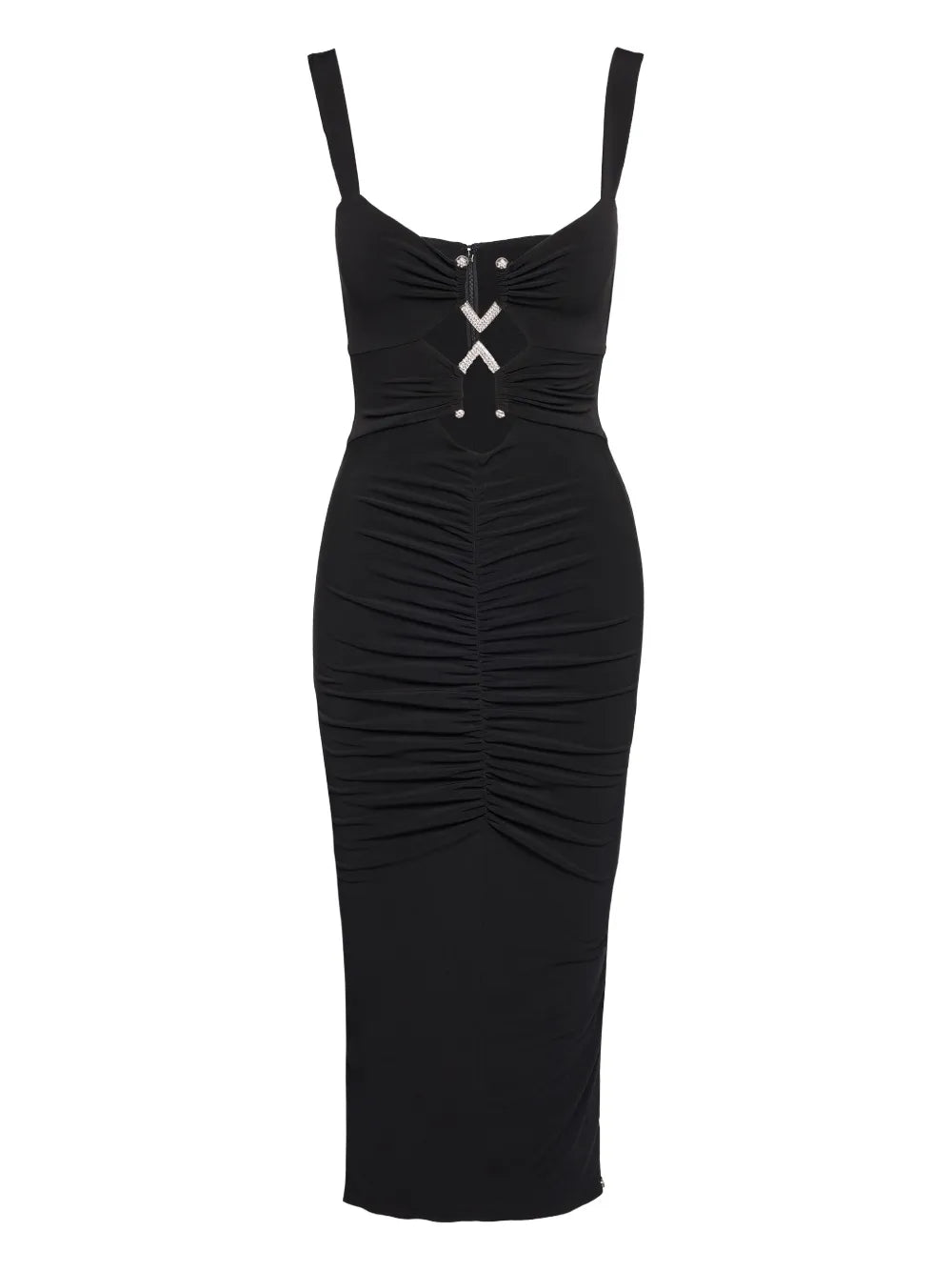 Nissa Embellished Ruched Midi Dress — Black — Size S — Front View