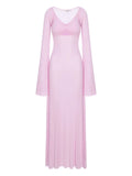 Manuri V Neck Long Sleeve Maxi Dress — Red/ Pink — Size XS — Front View