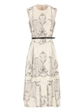Max Mara Printed Belted Midi Dress — White/ Ivory — Size S — Front View