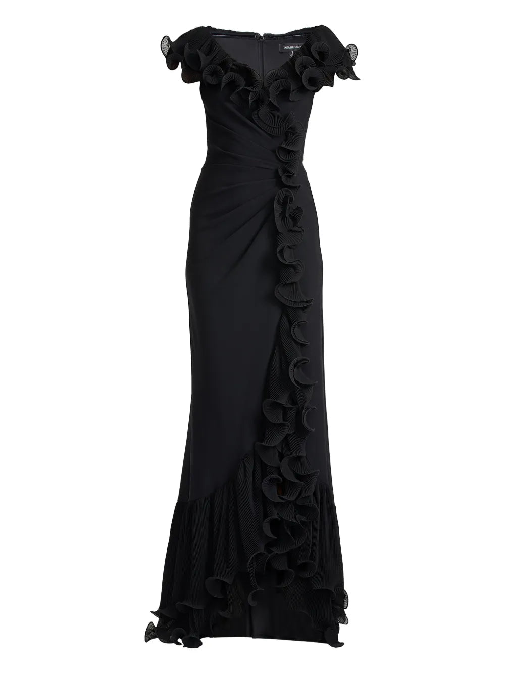 Tadashi Shoji Ruffled Pleated Maxi Dress — Black — Size XS — Front View