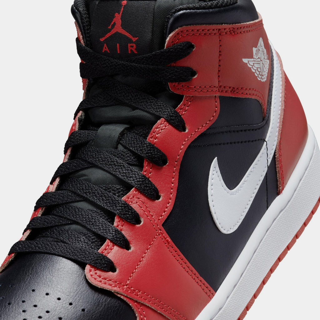 Exclusive Air Jordan 1 Mid Black Gym Red Mens Basketball Shoes (Black/Gym Red/ White) — 7 — Side View