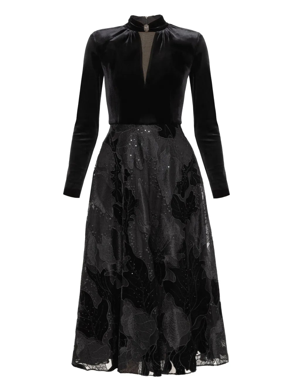 Nissa Embroidered Velvet Midi Dress — Black/ Red — Size L — Front View