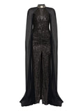 Nissa Sequined Cape Gown — Black — Size XS — Front View