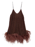 Oseree Feather Detail V Neck Mini Dress — Brown — Size XS — Front View