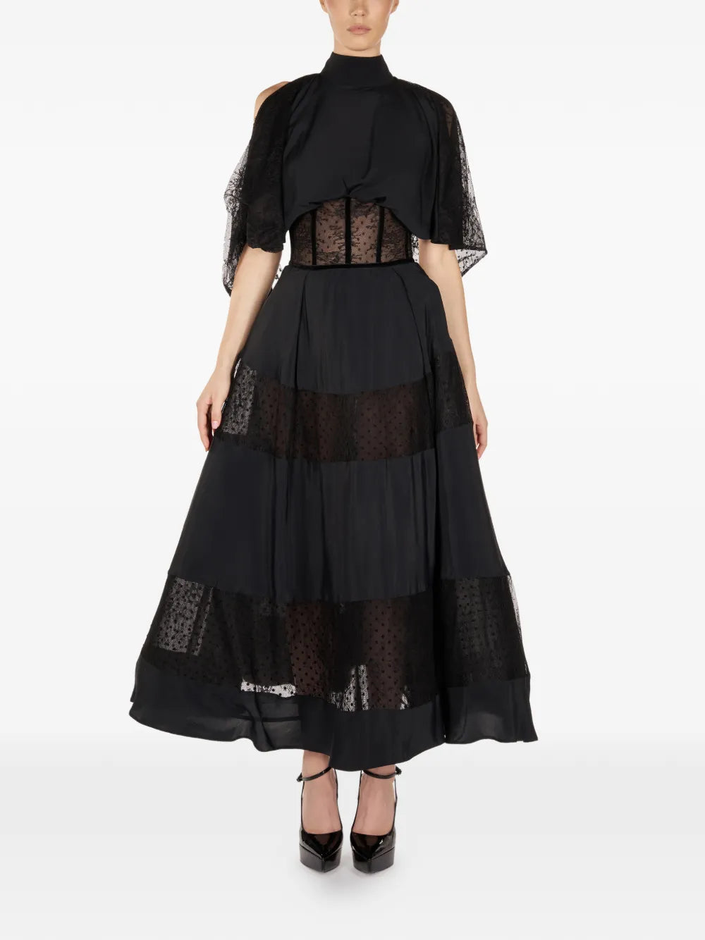 Araftu Lace Detail Panelled Midi Dress — Black — Size XS — Front View