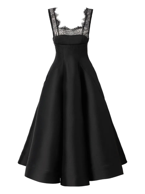 Araftu Lace Detail Flared Midi Dress — Black/ Red — Size XS — Front View