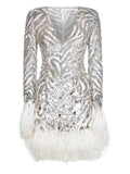Alina Sequin Feather Embroidered Dress — Grey/ Red — Size XS — Front View