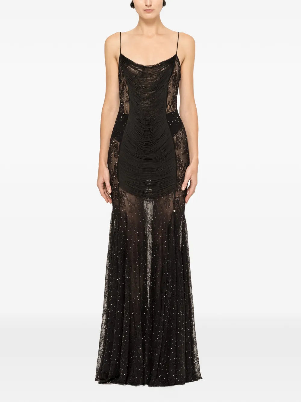 Nissa Fringed Lace Maxi Dress — Black — Size XS — Front View