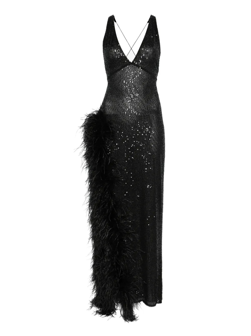 Atu Body Couture Feather Trim Sequined Maxi Dress — Black — Size S — Front View