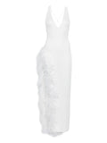 Atu Body Couture Feather Trim V Neck Maxi Dress — White — Size XS — Front View