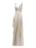 Gemy Maalouf Asymmetrical Draped Maxi Dress — Beige — Size XS — Front View