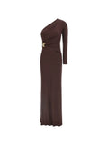 Elisabetta Franchi One Shoulder Jewel Long Dress — Brown — Size XS — Front View