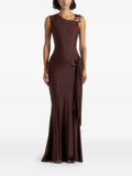 Maniere De Voir Rania Asymmetric Draped Maxi Dress — Brown/ Red/ Gold — Size XS — Front View