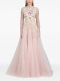 Dina Melwani Leaf Embroidered Gown Maxi Dress — Red/ Pink — Size M — Front View