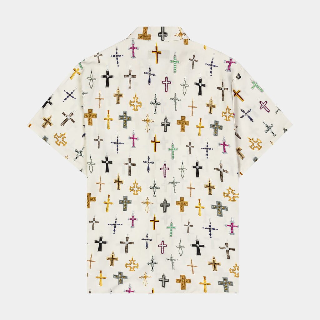 Exclusive Cross AOP Rayon Mens Short Sleeve Shirt (Beige) — S — Side View