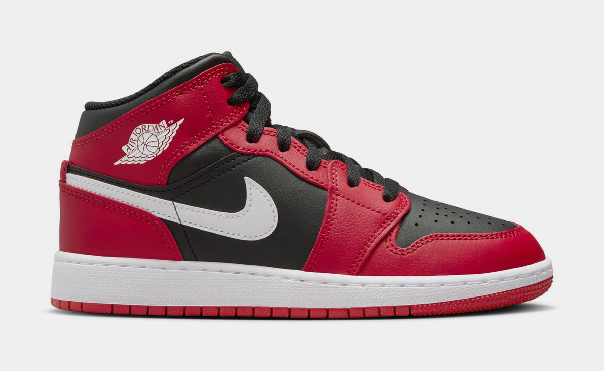 Exclusive Air Jordan 1 Mid Grade School Lifestyle Shoes (Black/Gym Red/White) — 3.5Y — Front View