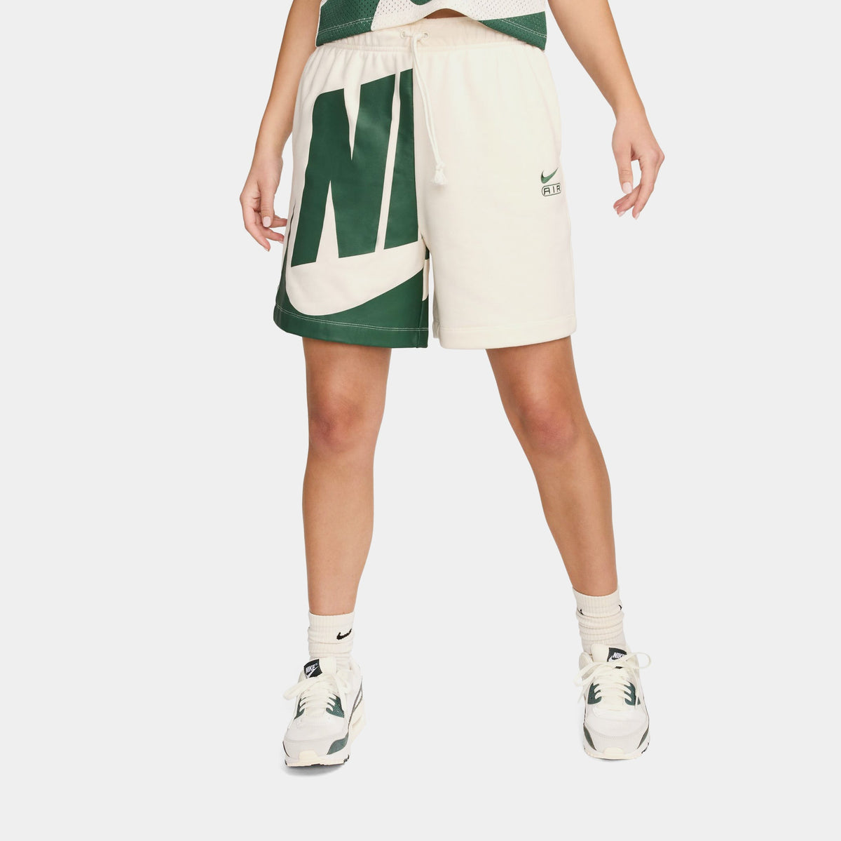 Exclusive Air Mid Rise 6" French Terry Womens Shorts (Beige/Green) — XS — Front View