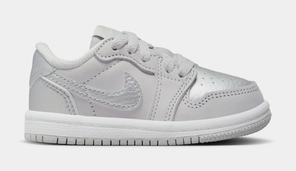 Exclusive Air Jordan 1 Retro Low OG Metallic Silver Infant Toddler Lifestyle Shoes (Neutral Grey/Metallic Silver/White) — 2C — Front View