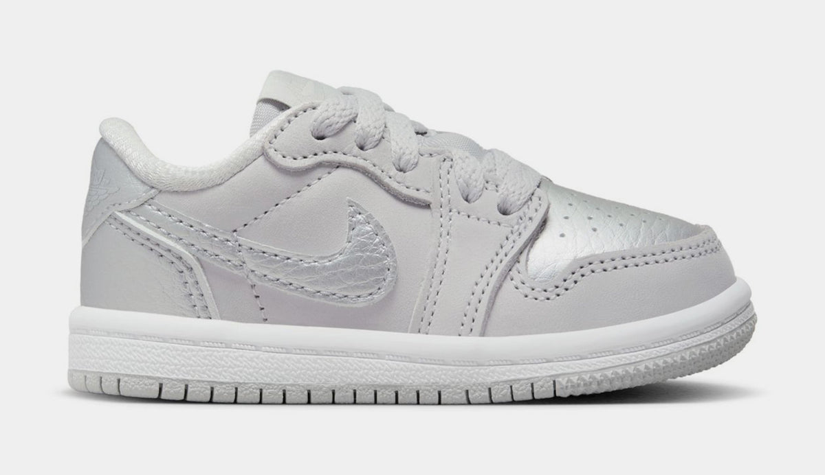 Exclusive Air Jordan 1 Retro Low OG Metallic Silver Infant Toddler Lifestyle Shoes (Neutral Grey/Metallic Silver/White) — 2C — Front View