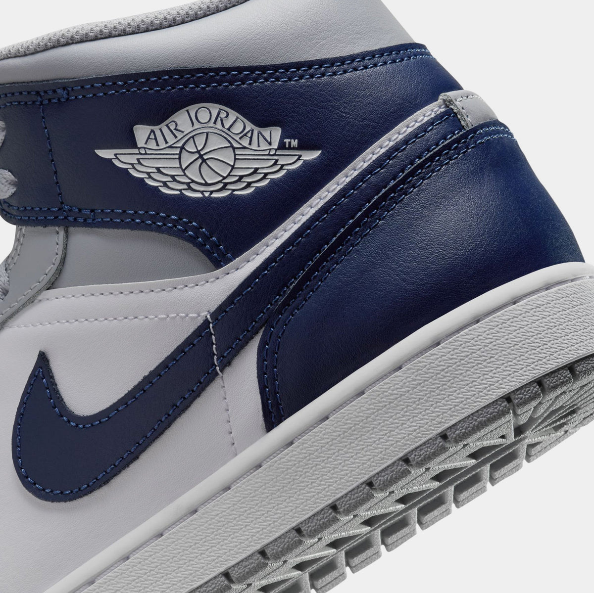 Exclusive Air Jordan 1 Mid Wolf Grey Midnight Navy Mens Lifestyle Shoes (White/Wolf Grey/Midnight Navy) — 7 — Back View