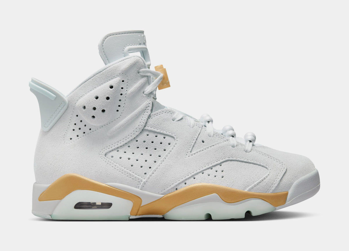 Exclusive Air Jordan 6 Retro Pearl Womens Lifestyle Shoes (Pure Platinum/Glacier Blue/Metallic Gold) — 5 — Front View