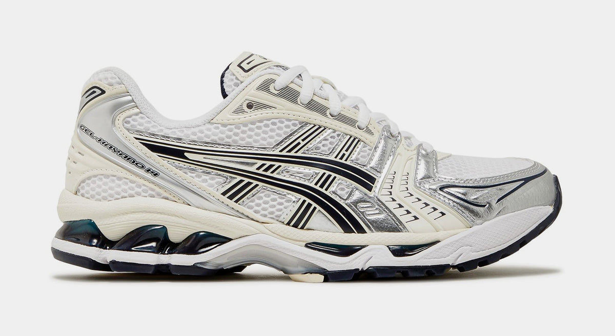 Exclusive Gel Kayano 14 White Midnight Womens Running Shoes (White/Black/Silver) — 5 — Front View