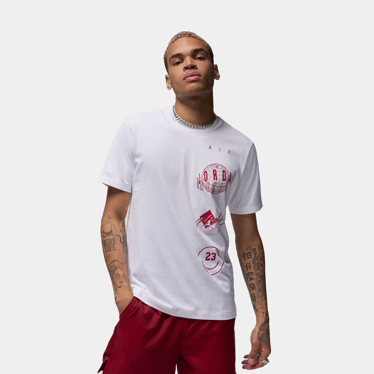 Exclusive Essentials Logo Stack Graphic Mens Short Sleeve Shirt (White/Red) — S — Front View