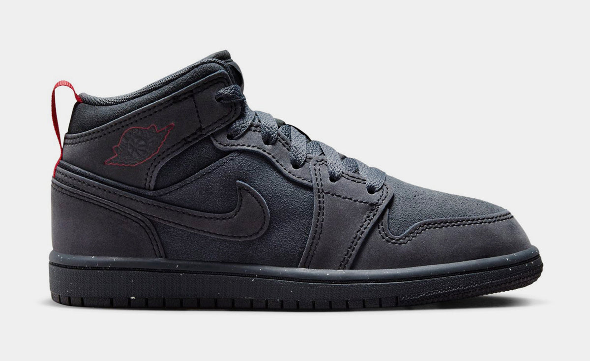 Exclusive Air Jordan 1 Mid SE Craft Preschool Lifestyle Shoes (Smoke Grey/Black/Varsity Red) — 10.5C — Front View