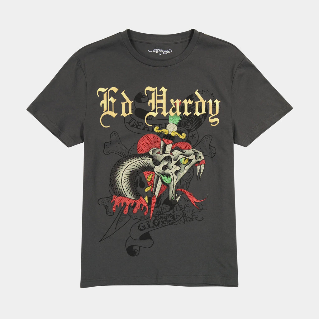 Exclusive Dagger Snake Rhinestone Mens Short Sleeve Shirt (Grey/Yellow) — S — Front View
