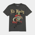Exclusive Dagger Snake Rhinestone Mens Short Sleeve Shirt (Grey/Yellow) — S — Front View