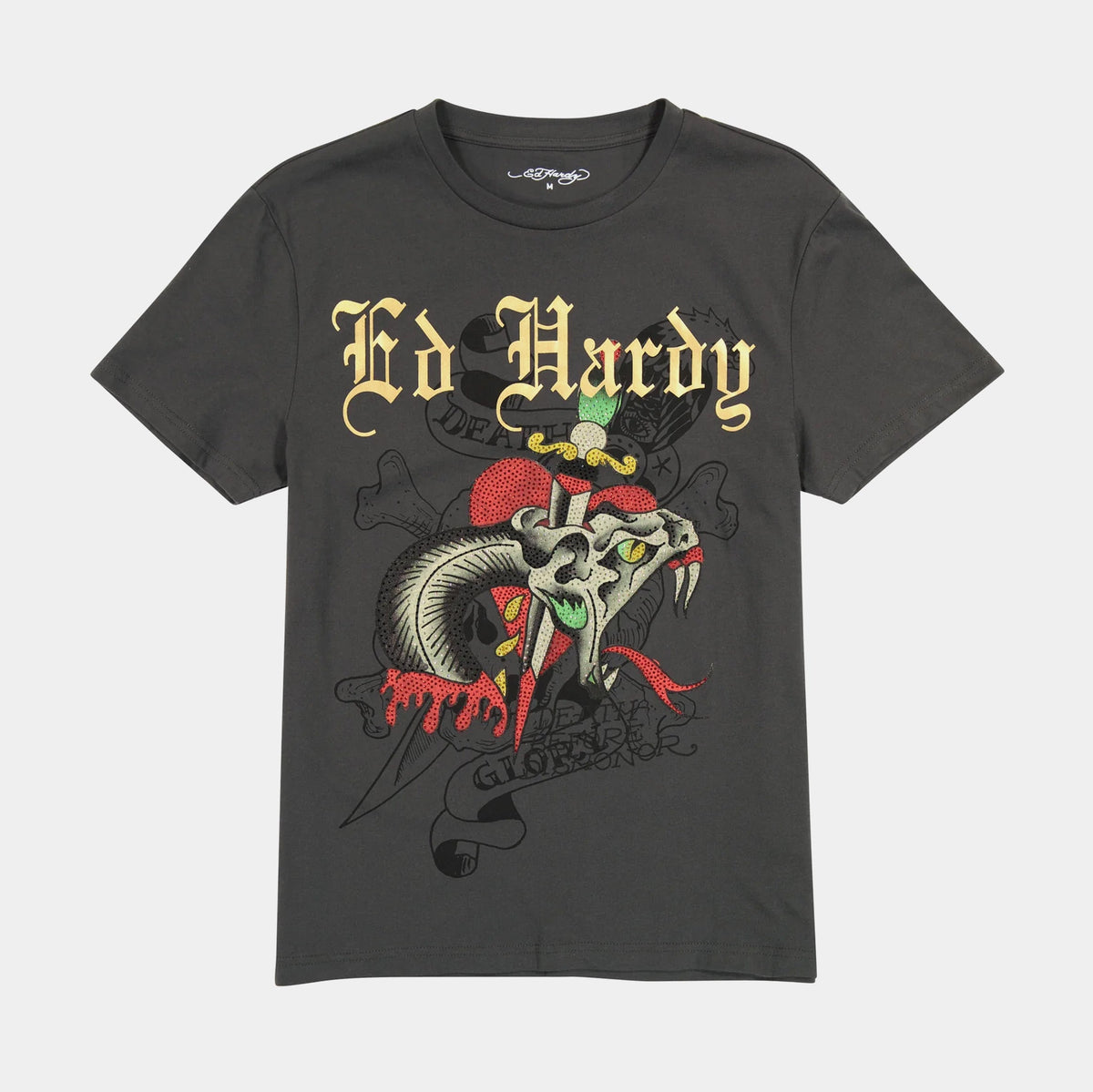 Exclusive Dagger Snake Rhinestone Mens Short Sleeve Shirt (Grey/Yellow) — S — Front View