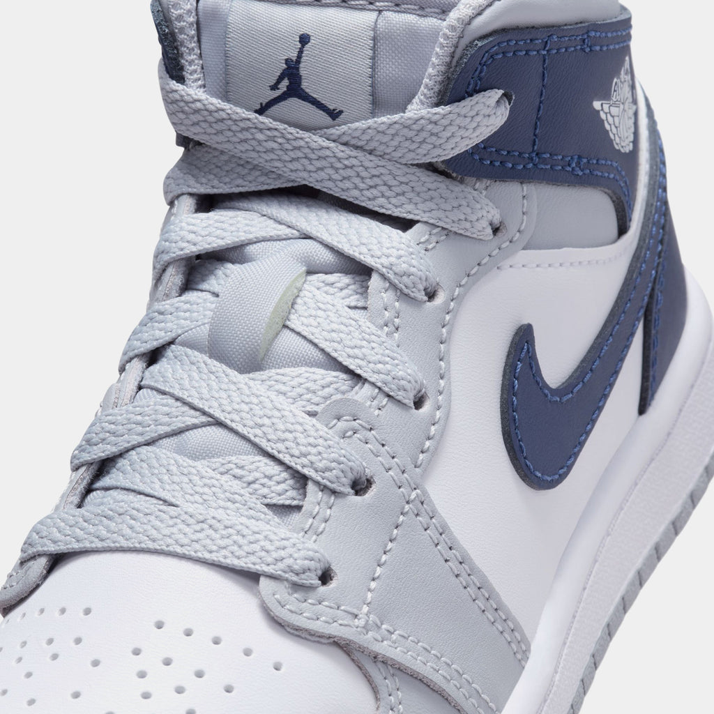 Exclusive Air Jordan 1 Retro Mid Wolf Grey Midnight Navy Preschool Basketball Shoes (White/Wolf Grey/Midnight Navy) — 10.5C — Side View