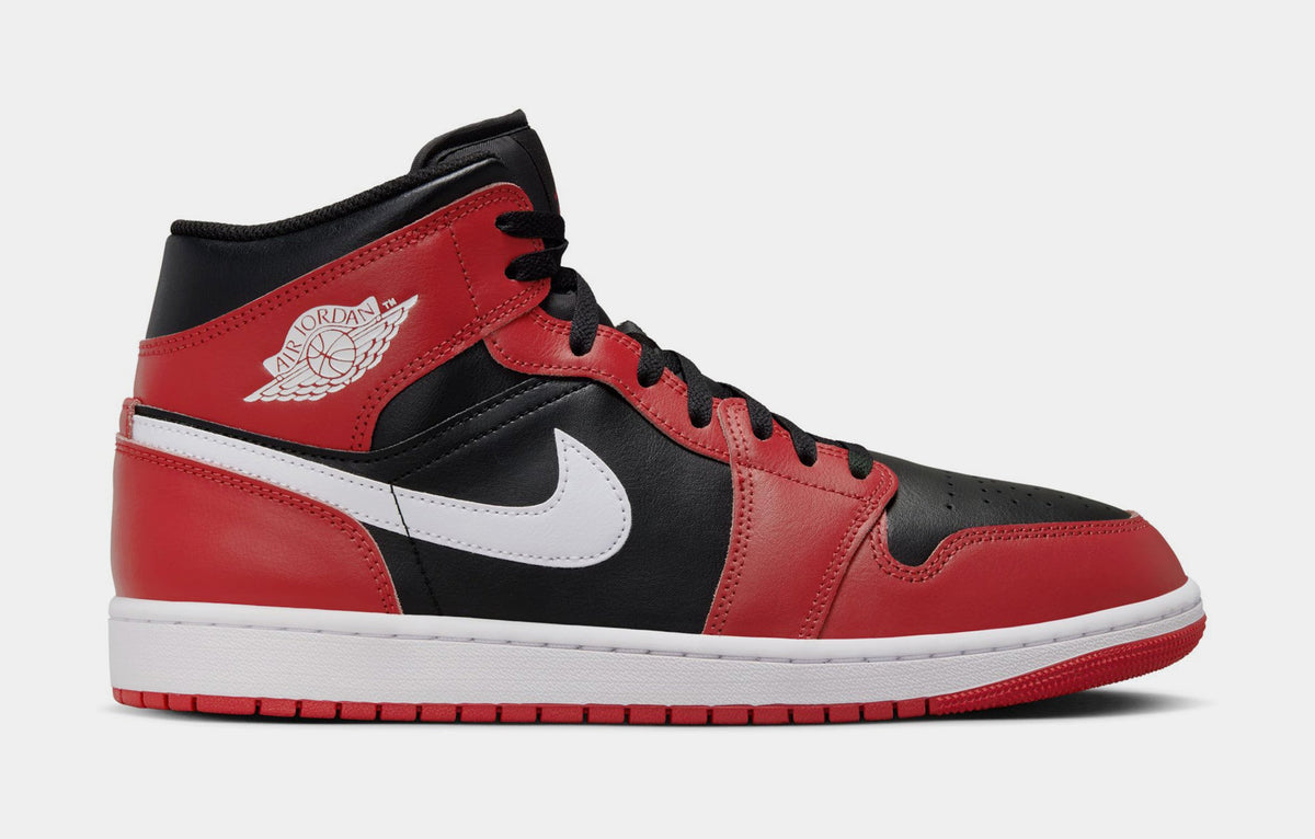 Exclusive Air Jordan 1 Mid Black Gym Red Mens Basketball Shoes (Black/Gym Red/ White) — 7 — Front View