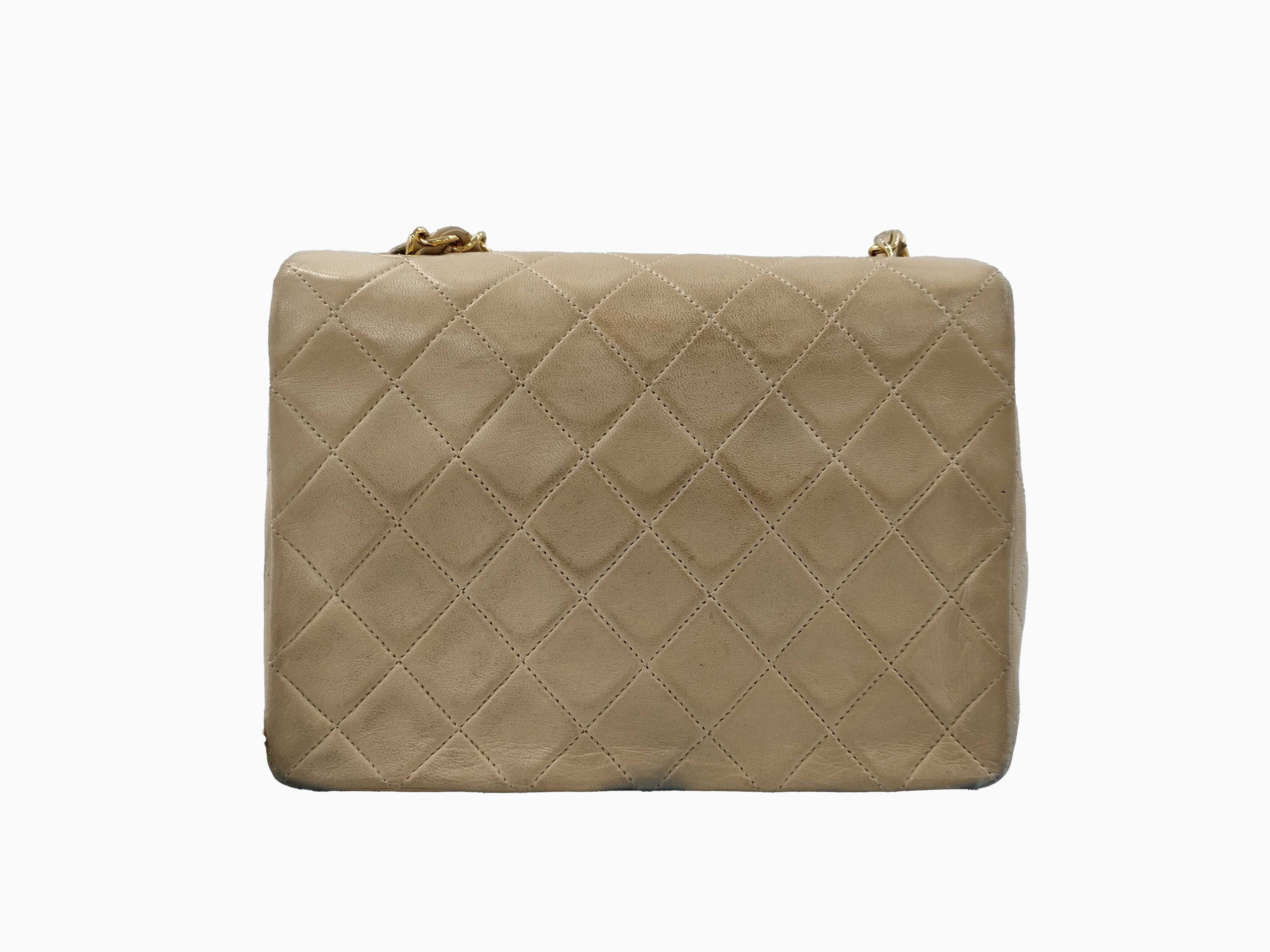 Chanel Square Classic Single Flap Bag Quilted Lambskin Beige Leather Shoulder Bag Bag (Pre-Owned)