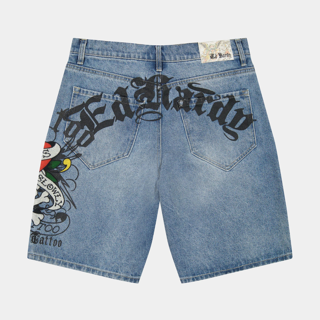 Exclusive Love Kills Slowly Skater Denim Mens Shorts (Blue/Black) — 30 — Side View