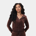 Exclusive OG Bling Velour Full Zip Womens Hoodie (Dark Brown) — XS — Front View