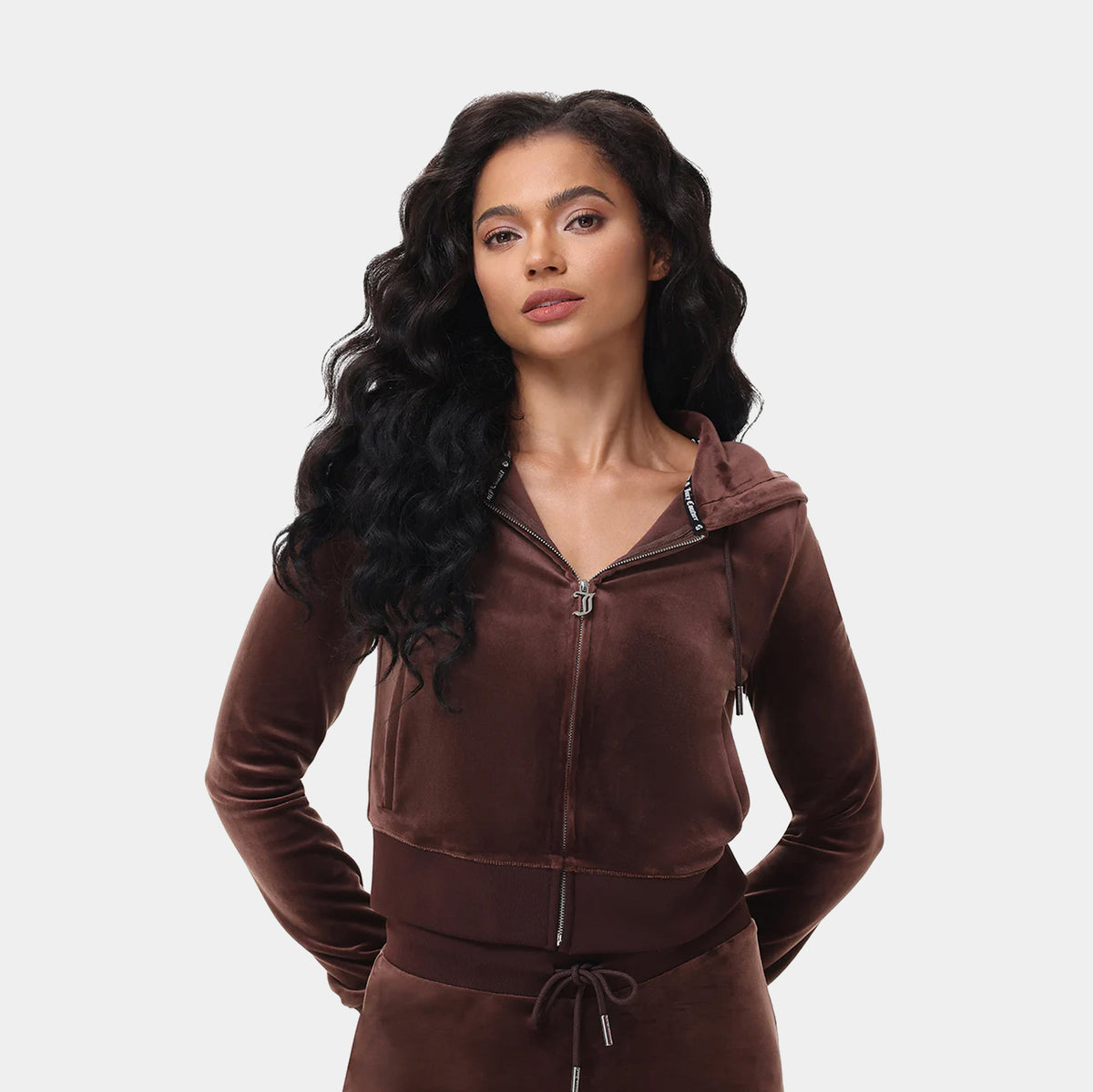 Exclusive OG Bling Velour Full Zip Womens Hoodie (Dark Brown) — XS — Front View