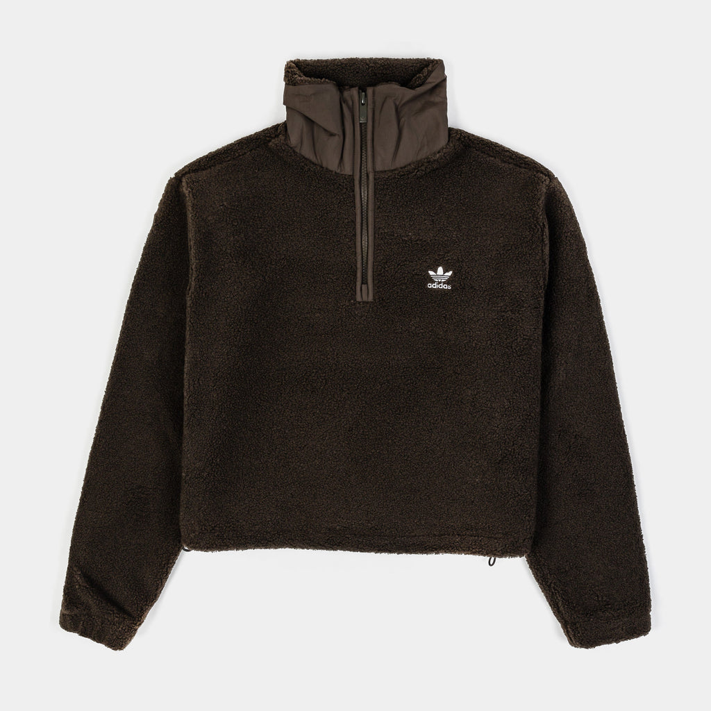 Exclusive Teddy Fleece Half Zip Womens Jacket (Brown) — XS — Front View