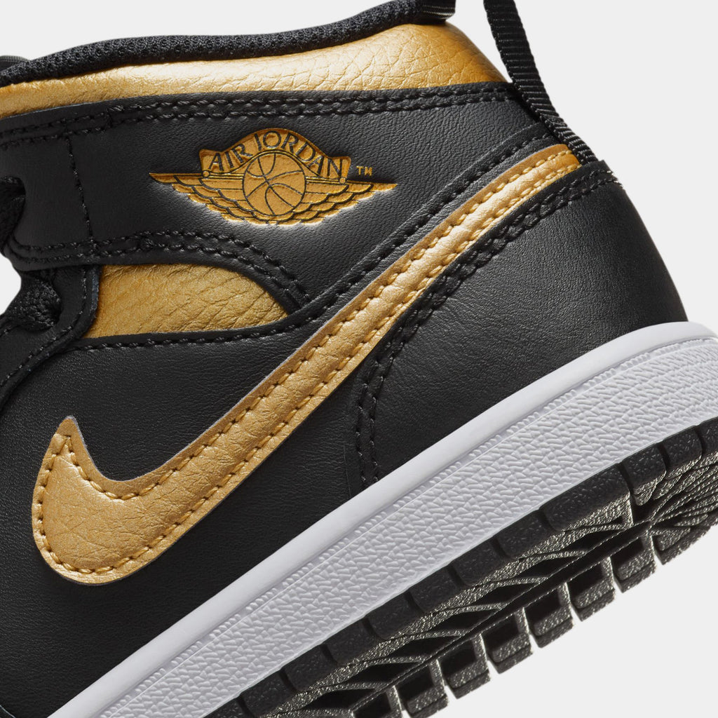 Exclusive Air Jordan 1 Mid Metallic Gold Preschool Lifestyle Shoes (Black/Metallic Gold/White) — 10.5C — Back View