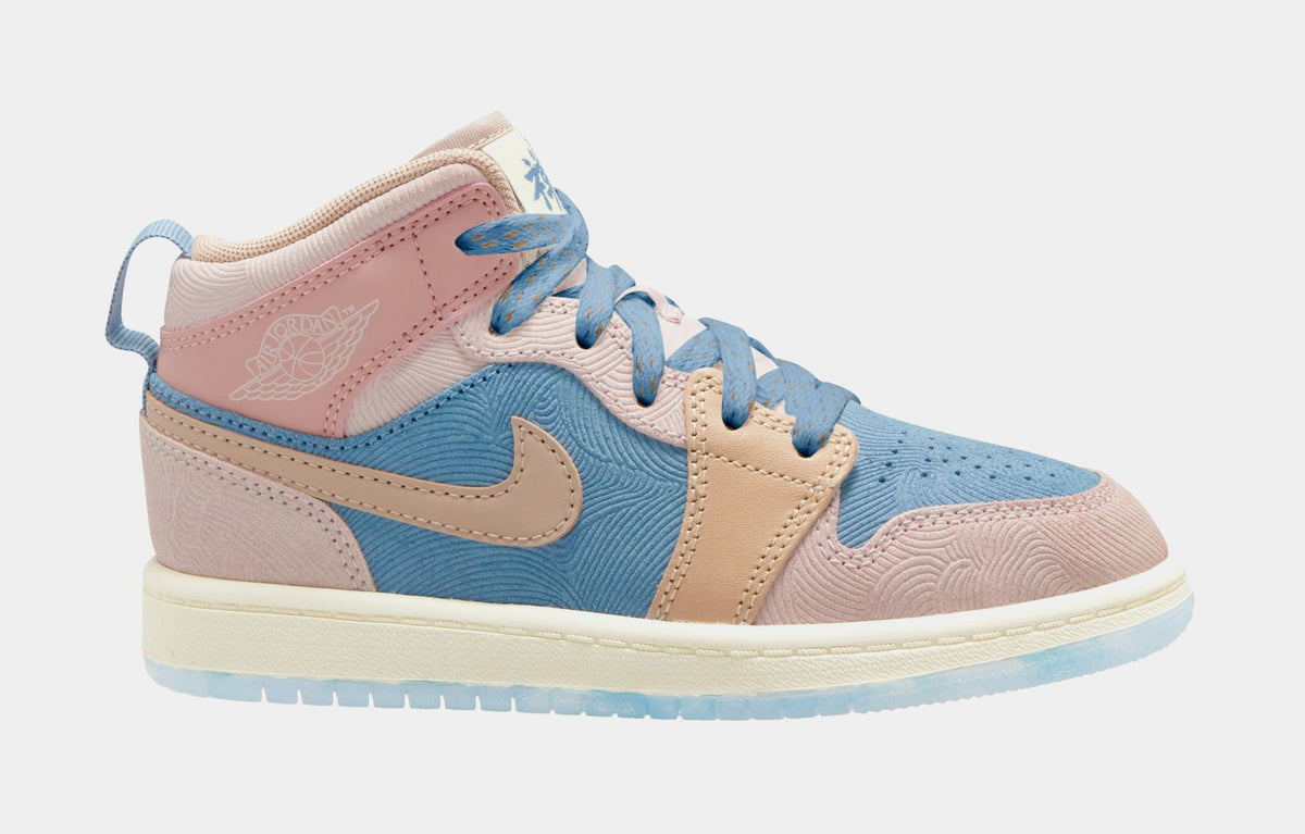 Exclusive Air Jordan 1 Retro Mid Sneaker School Preschool Lifestyle Shoes (Aegean Storm/Hemp/Pink Oxford) — 10.5C — Front View