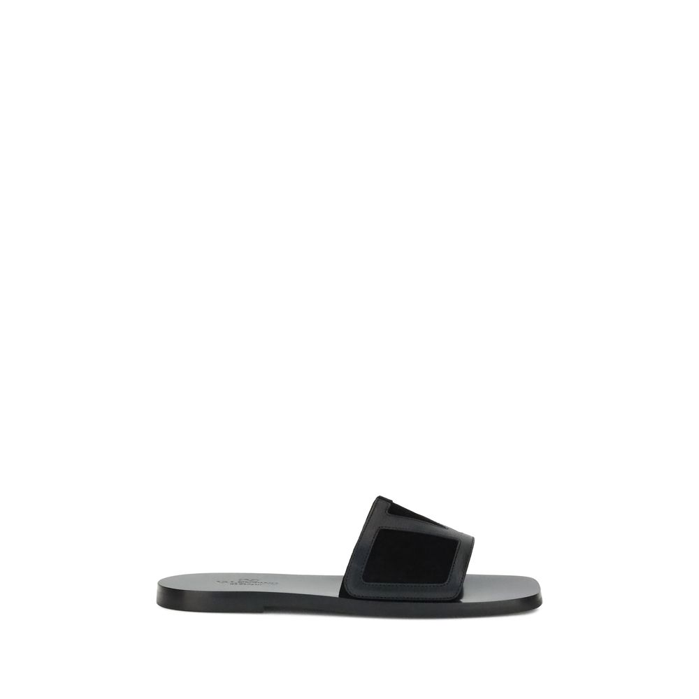 Valentino Garavani Black Calf Leather Bos Taurus Flat Men's Sandals