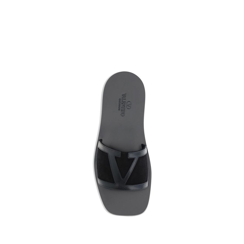 Valentino Garavani Black Calf Leather Bos Taurus Flat Men's Sandals