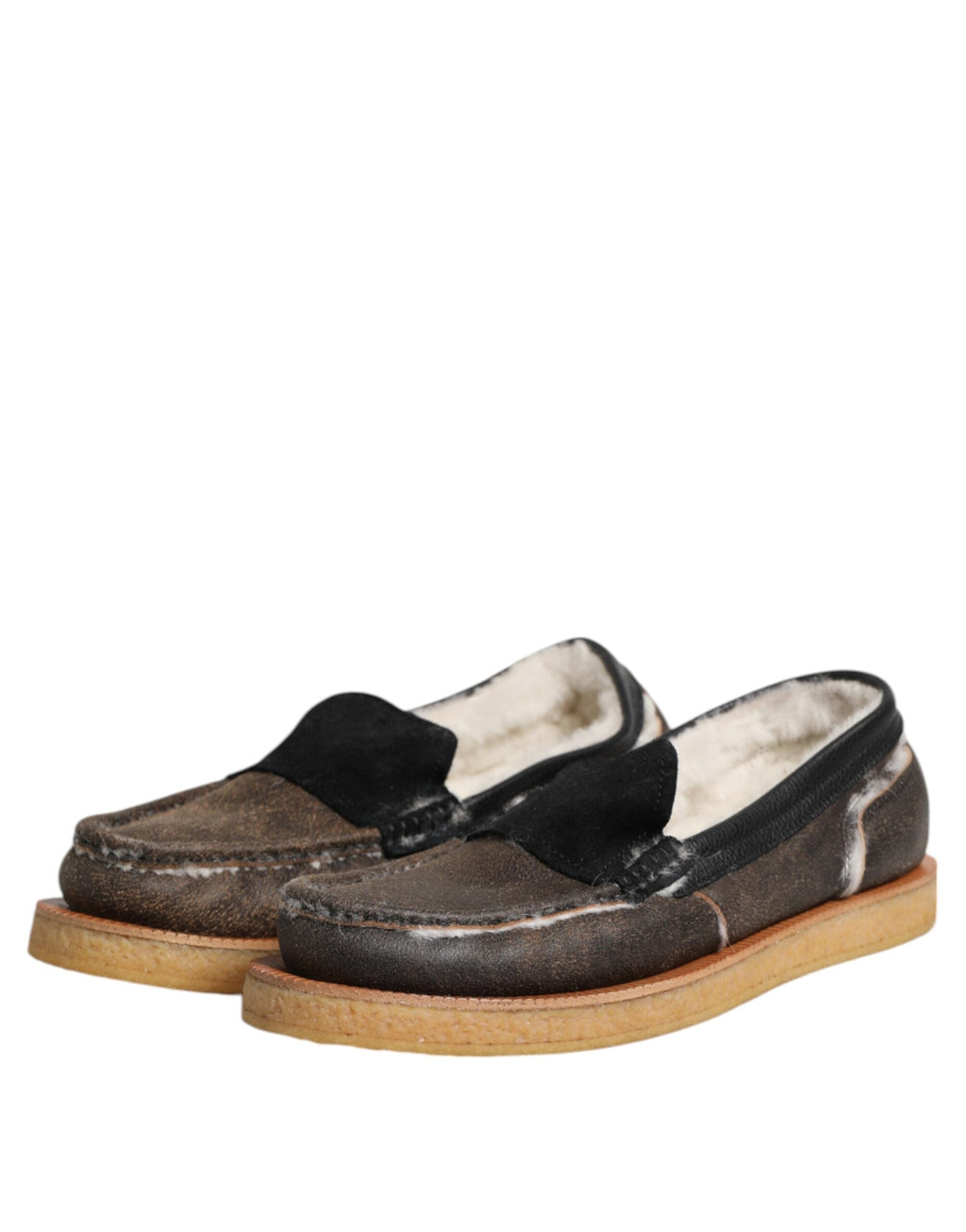 Dolce & Gabbana Brown White Calfskin Leather Loafers Men's Shoes