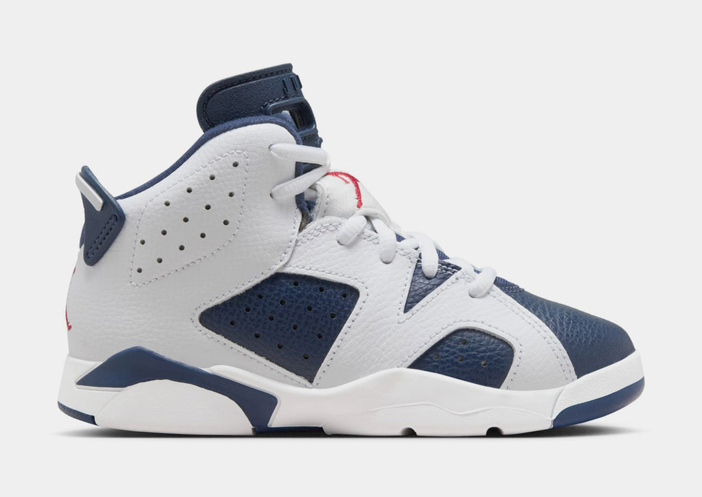 Exclusive Air Jordan 6 Retro White and Midnight Navy Preschool Lifestyle Shoes (White/Varsity Red/Midnight Navy) — 10.5C — Front View